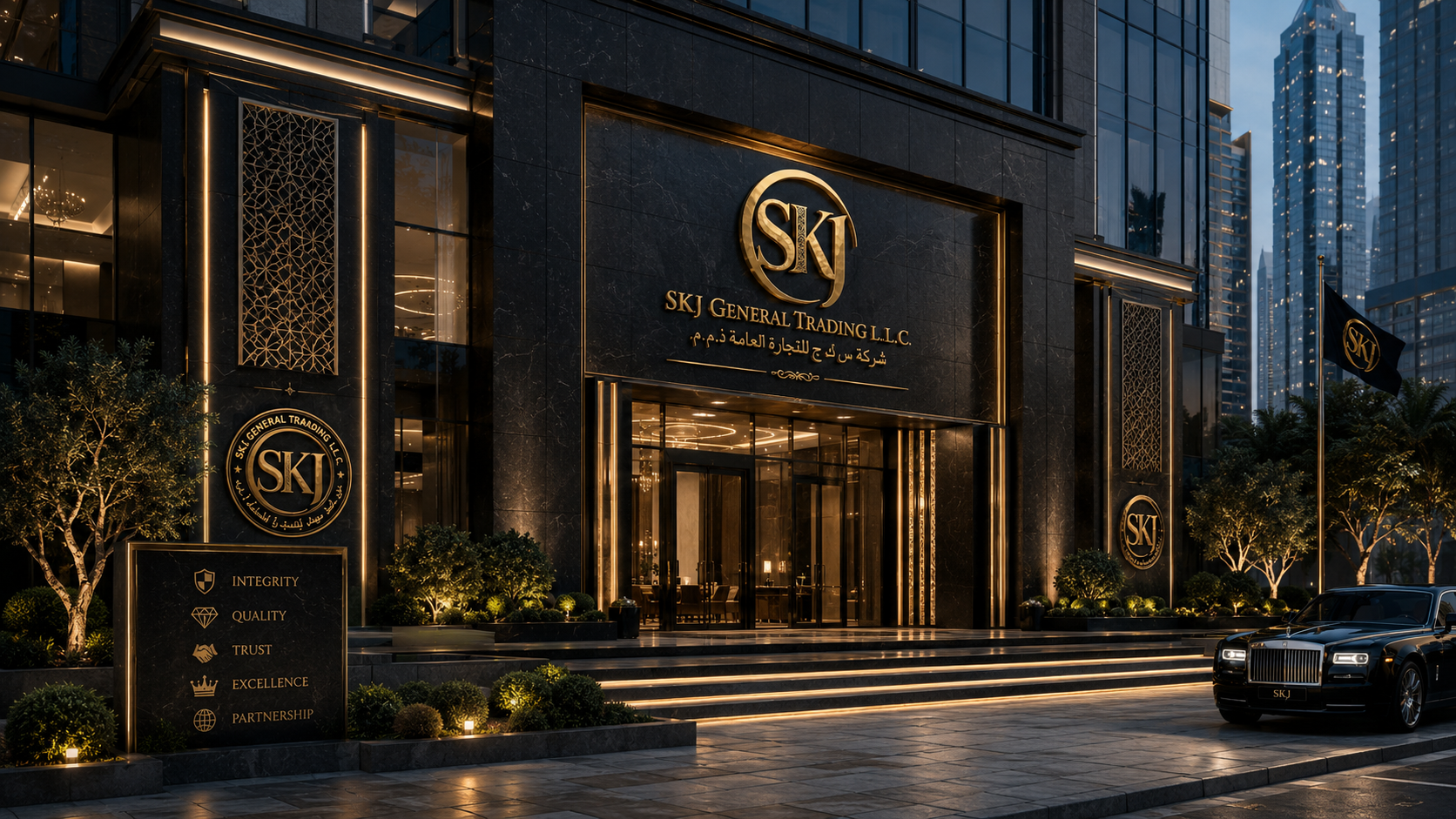 SKJ General Trading Dubai headquarters at dusk