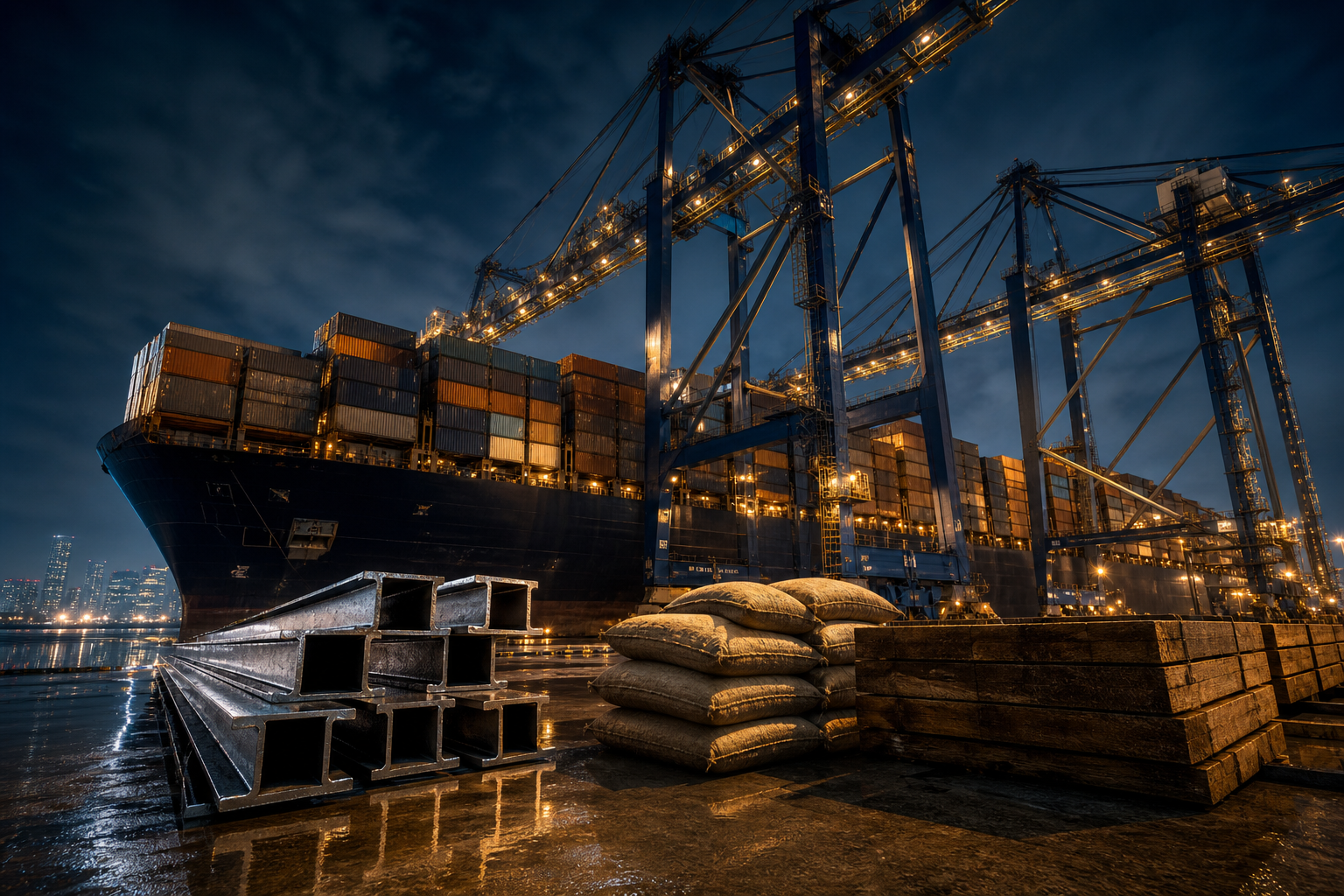 Structural steel and construction materials on a night dock