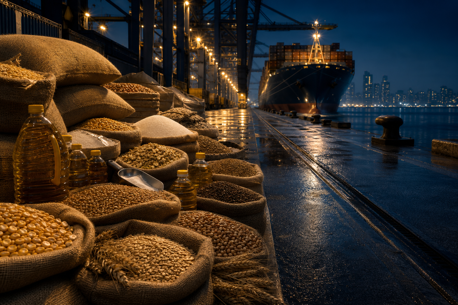 Bulk grain sacks and food commodities on a night dock